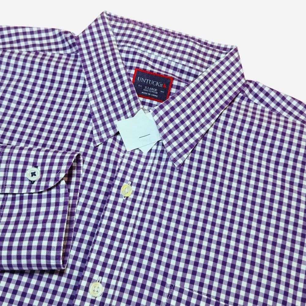 UNTUCKit Mens XL Purple Gingham Check Button Down‎ Shirt Long Sleeve Cotton
